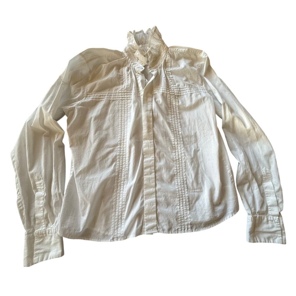 KMJ women’s Button Up Shirt Large White Pintuck Ruffle Long Sleeve Work